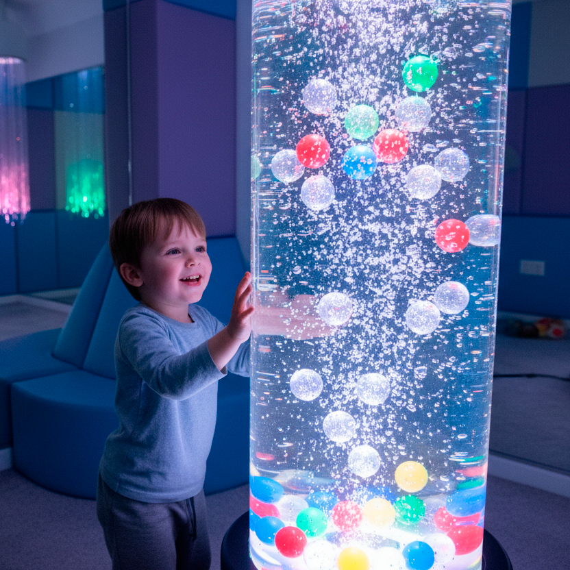 A kid touching a large bubble tube at a sensory room
