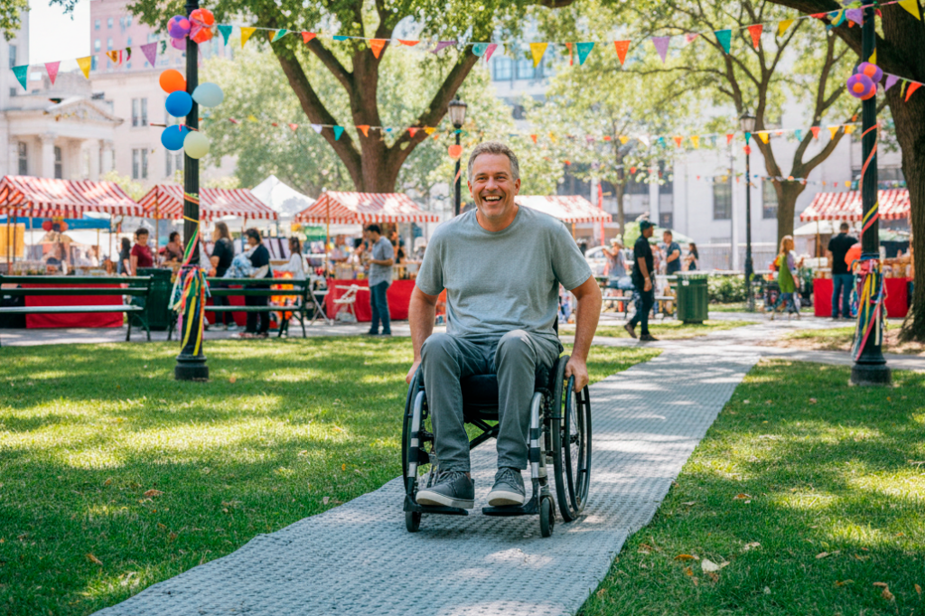 Photo of a man smiling and moving on a wheelchair mat, at a wheelchair-accessible event in Ireland
